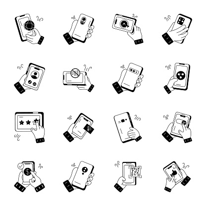 Elevate your tech ventures with our holding mobile doodle icons Immerse yourself in a world of vibrant designs that capturing all aspects of mobile technology, including essential apps and features to glitchy gadgets and functional errors.