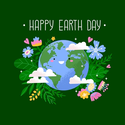 Poster for the holiday World Earth Day. Image of a happy planet surrounded by clouds and flowers. A celebration of caring for the environment. Vector illustration isolated on green background.