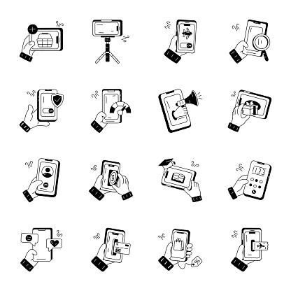 Elevate your tech ventures with our holding mobile doodle icons Immerse yourself in a world of vibrant designs that capturing all aspects of mobile technology, including essential apps and features to glitchy gadgets and functional errors.