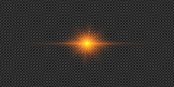 Light effect of lens flares. Orange horizontal glowing light starburst effect with sparkles on a grey transparent background. Vector illustration