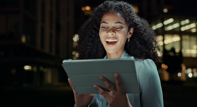 Tablet, laugh and happy woman in a city at night with funny social media, review or client feedback. Digital, search and female worker with gif, meme or web scroll on evening urban travel or commute
