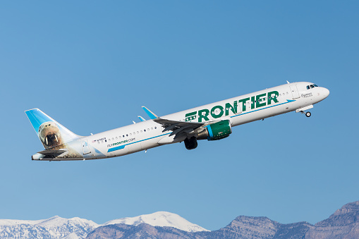 Las Vegas, Nevada – April 9, 2024: Frontier Airlines Airbus A321 departing Harry Reid International airpot in Las Vegas, Nevada.