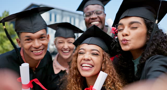 People, friends and selfie at graduation with certificate, memory or celebration for success at university. Group, men and women with diploma, diversity or cheers with face for achievement at college