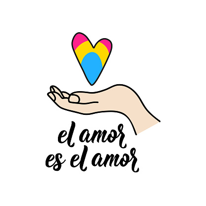 El amor es el amor. Spanish lettering. Translation from Spanish - Love is love. Element for flyers, banner and posters. Modern calligraphy. LGBTQ symbols. Pansexual Pride Flag.