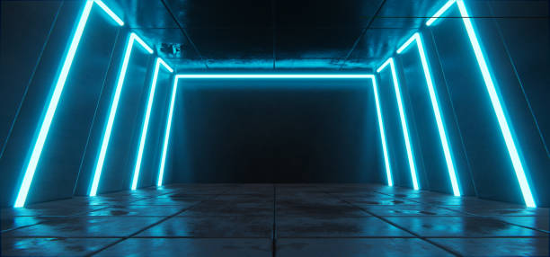 istock Futuristic concrete tunnel, hallway with neon cyber glowing blue lines 2148838081