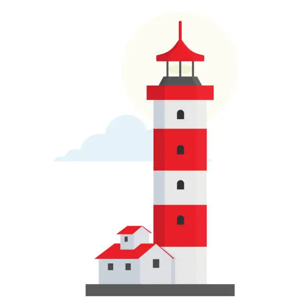 Vector illustration of Sea lighthouse red striped marine tower for safety nautical navigation isometric vector