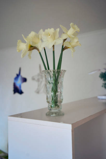 istock daffodils in a crystal vase on a shelf 2148839092