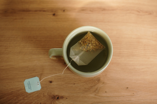 Directly above view of a cup with a tea bag