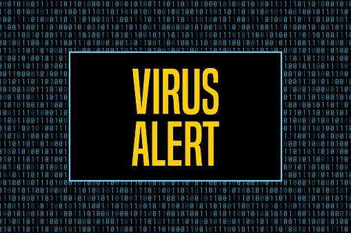 Virus alert screen. Compromised computer security vector concept graphics.