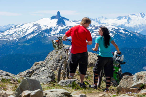 istock Mountain bike couple pause on mountain top 2148839749