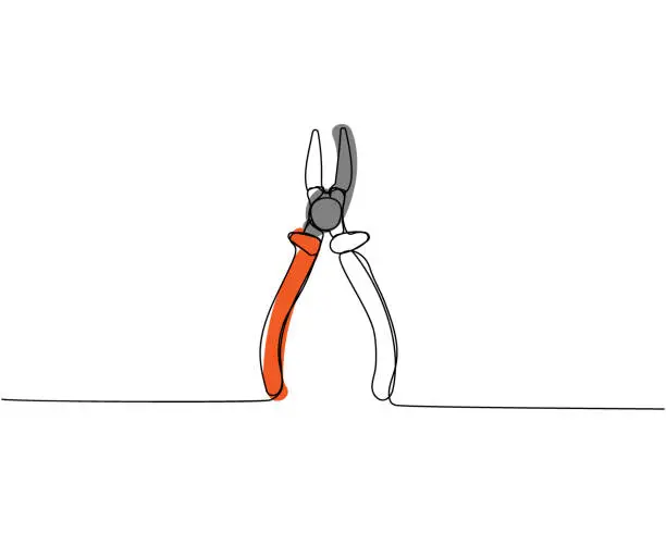 Vector illustration of Construction wire cutters, pliers, vise grip, swagers one line art. Continuous line color drawing of repair, professional, hand, people, concept, support, maintenance.