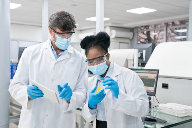 istock Female trainee and male scientist discussing over tablet PC while working in laboratory 2148841293