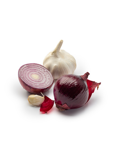 Vegetables: Spanish Onion and Garlic Isolated on White Background