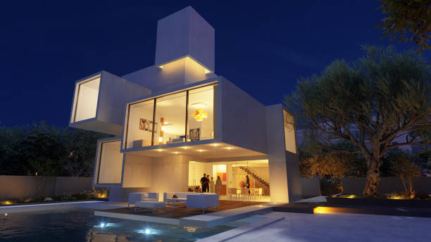 istock Luxurious modern mansion with pool at twilight 2148842718
