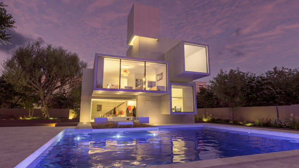 istock Luxurious modern mansion with pool at twilight 2148842772