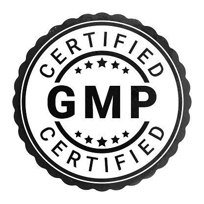 GMP Certified. Black Grunge Rubber Good Manufacturing Practice Certified stamp sticker with Five Stars vector illustration