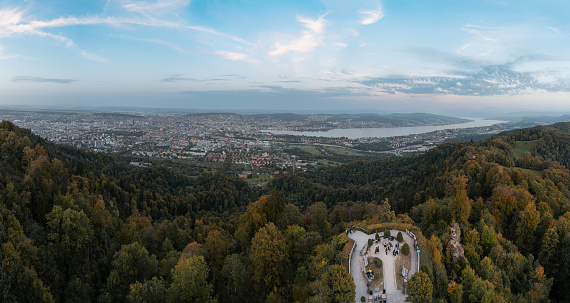 Panoramic view of Zurich city and lake from Uetliberg, Switzerland look-out tower and viewpoint