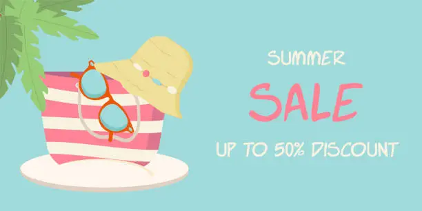 Vector illustration of Creative summer sale banner in fashionable bright colors with discount text. An illustration for a seasonal promotion.