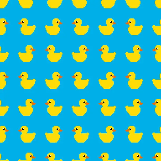 Vector illustration of Pixel Yellow Rubber Duck on Blue Background Seamless Pattern vector illustration