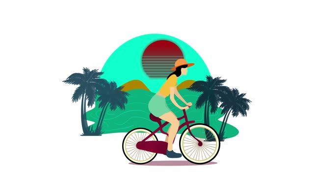 Girl cycling on road animation, cycling character full length, bicycle travel transport