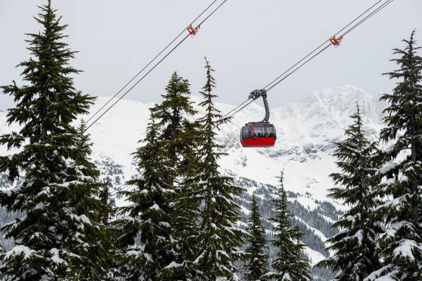 istock Gondola on cables above mountain in winter 2148844154