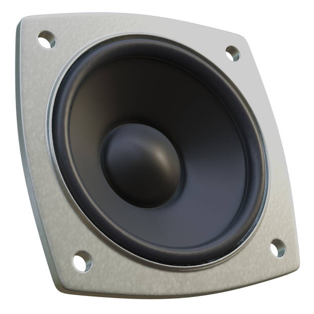 Set black and grey style acoustic speaker 3d system. A new black head speaker isolated on white transparent background. Clipping path.