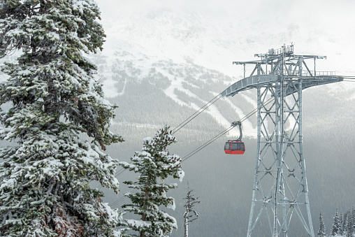Gondola on cables above mountain in winter, Peak 2 Peak Gondola