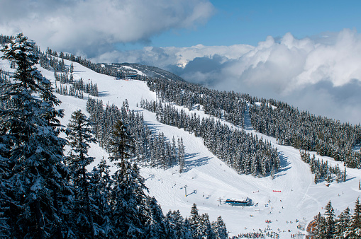 Aerial distant view of skiers on ski slope at ski resort