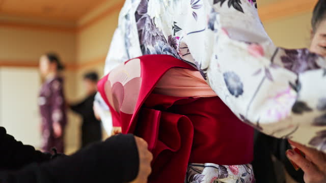 Female tourists wearing kimono in Japanese tatami room - part 1 of 2