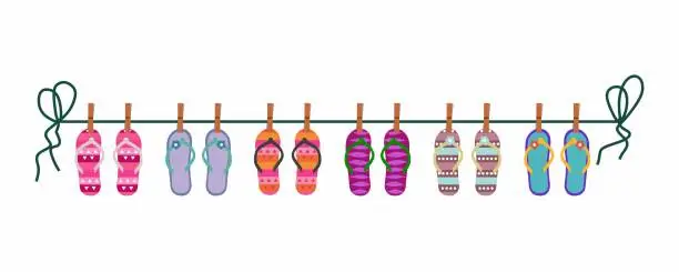 Vector illustration of flip flops hang on the rope attached with clothespins vector illustration