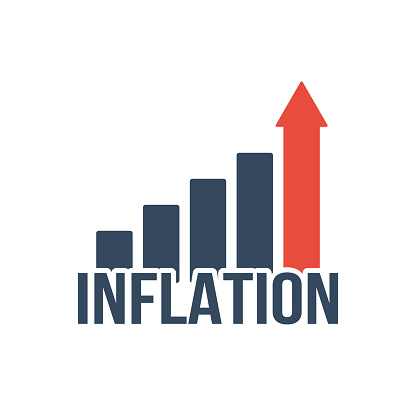 inflation word with bar chart and red up arrow, financial crisis or recession vector icon