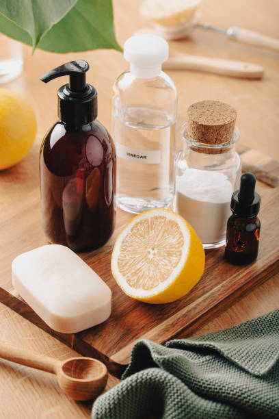 istock zero waste eco friendly cleaning concept. wooden brushes, baking soda, vinegar 2148846709
