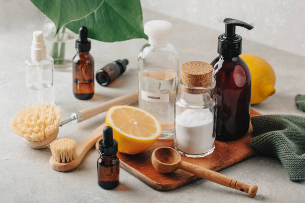 istock zero waste eco friendly cleaning concept. wooden brushes, baking soda, vinegar 2148846729