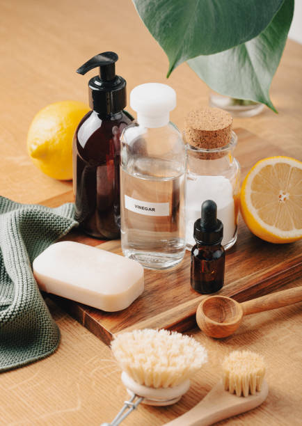 istock zero waste eco friendly cleaning concept. wooden brushes, baking soda, vinegar 2148846744