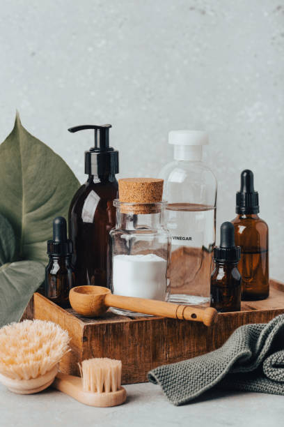istock zero waste eco friendly cleaning concept. wooden brushes, baking soda, vinegar 2148846786