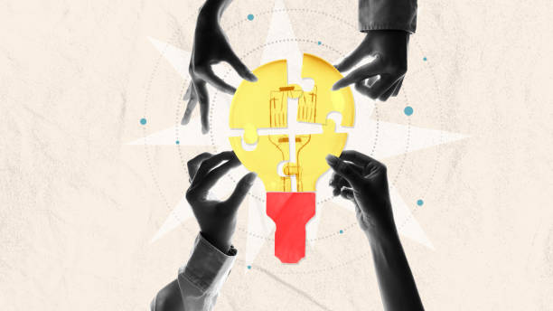 Poster. Contemporary art collage. Black and white hands creating lighting light bulb as puzzle pieces against smashed paper background.
