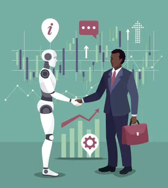 Vector illustration of Chatbot and an African American Businessman finalizing a deal.