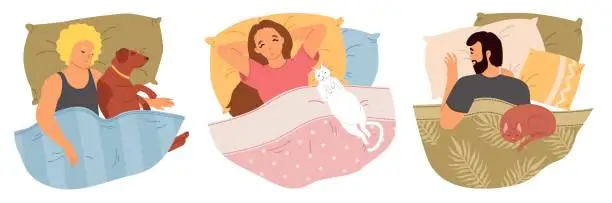 Vector illustration of Happy sleepy man and woman resting with domestic animals in bed