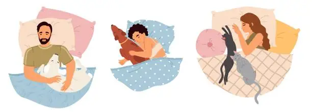 Vector illustration of Happy relaxed people cuddling resting with pets in bed