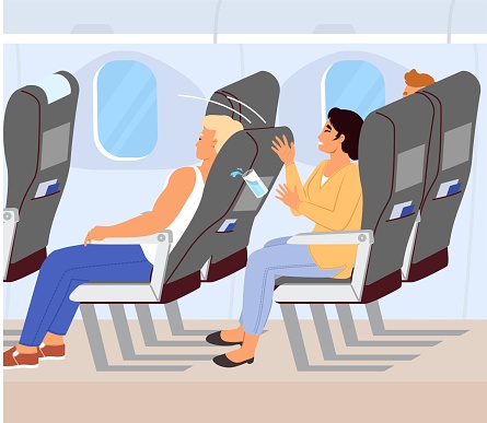 Angry woman feeling discomfort inattentive passenger vector illustration. Frustrated furious female dropping glass of water due to male character sitting in front who reclining his seat