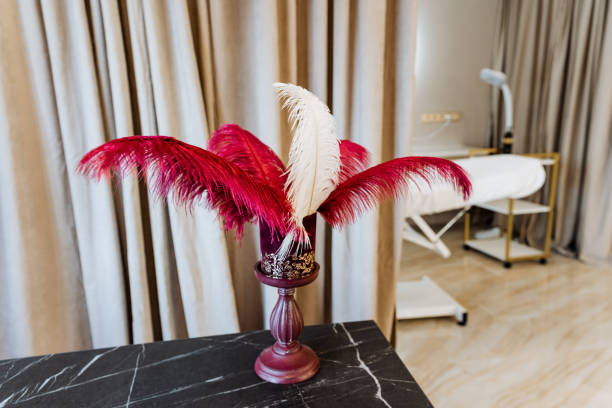 istock A creative arts vase with red and white feathers on a wood table 2148849022