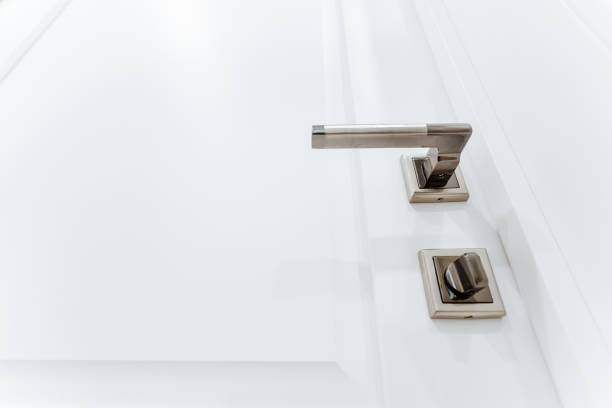 istock Door handle with lock, bottom view of silver metal door handle. 2148849063