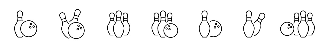 Bowling icons set. Bowling ball, pin outline icon collection. Vector