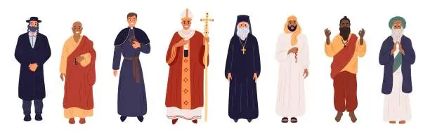 Vector illustration of Different religions priests. Religious characters in ceremonial clothes. God worship. Christian and Muslim. Various faith prayers. Judaism, Islam or Hindu people. Garish vector set