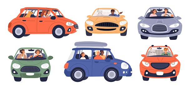 People in cars. Drivers with passengers. Automobile side view. Personal urban vehicles. Chauffeurs with fellow travelers. Couple travel by auto transport. Road traffic. City drive. Garish vector set