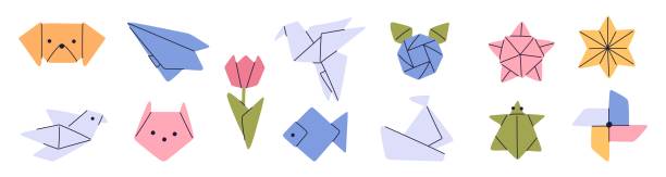 Cartoon origami. Different paper shapes. Tulip flower. Ship and plane. Polygonal animals. Japanese art. Pinwheel and star. Asian crane bird. Geometric folded zoo forms. Garish vector set Cartoon origami. Different paper shapes. Tulip flower. Ship and plane. Polygonal animals. Japanese art. Pinwheel and star. Pets muzzle. Asian crane bird. Geometric folded zoo forms. Garish vector set chinese frog stock illustrations
