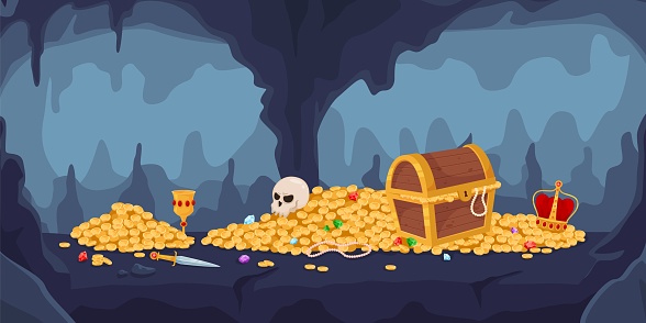Cartoon cave with fabulous treasures. Wooden chest full of gold coins and gemstones. Jewelry cups and crowns. Human skull. Stone grotto. Medieval box. Golden wealth in cavern. Recent vector concept