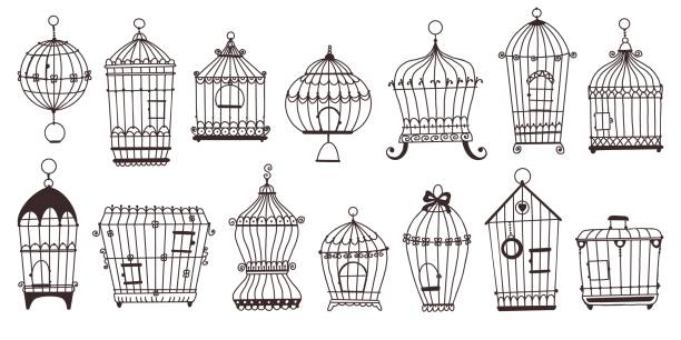 Bird cages. Silhouette vintage birdcages. Ornamental objects. Decorative shapes. Interior retro houses for parrots and canaries. Birdie perches. Flying pets homes. Black line icons. Recent vector set
