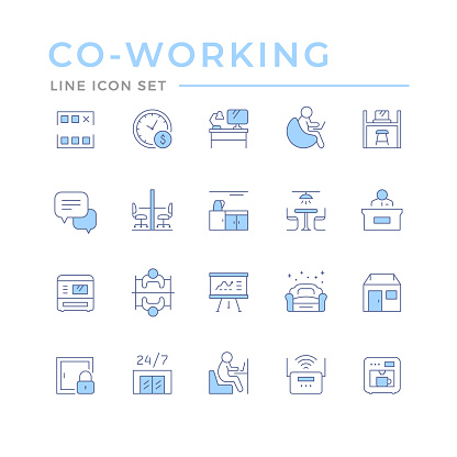 Set color line icons of co-working isolated on white. Reception desk, canteen or kitchen, office workplace, meeting room, relax zone, internet router, business area. Vector illustration