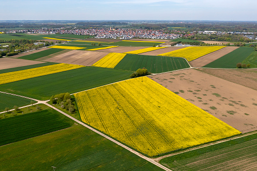 Aerial view of a rural landscape with green and yellow canola fields in spring.